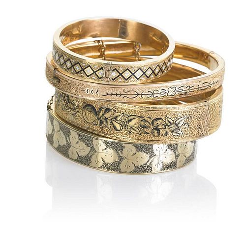 VICTORIAN INCISED ENAMELED GOLD HINGED BANGLES