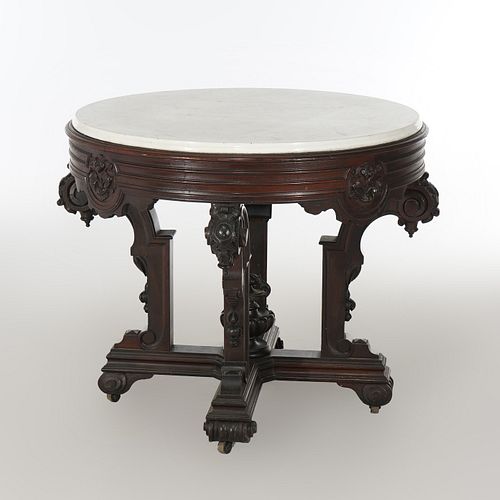 Antique Jelliff School Renaissance Carved Rosewood Marble Top Center Table C1880