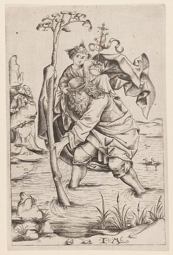 VERY RARE ISRAEL VAN MECKENEM (GERMAN, 1440-1503) "SAINT CHRISTOPHER" ENGRAVING