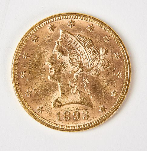 1893 Ten Dollar Gold Liberty Coin, MS60, Raw 