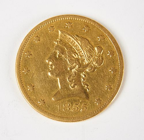 1855-O Ten Dollar Gold Liberty Coin, F, Raw 