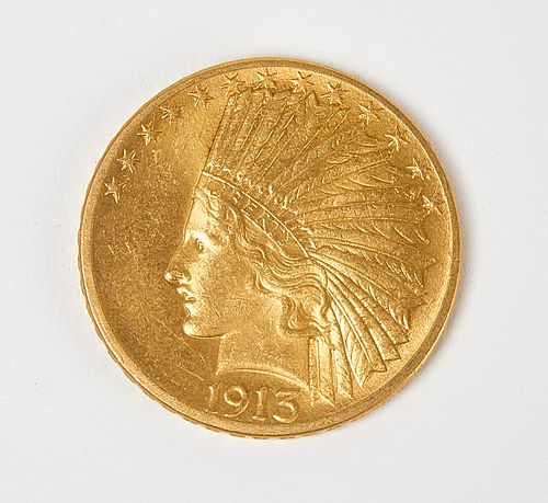 1913 Ten Dollar Gold Liberty Coin, AU, Raw 