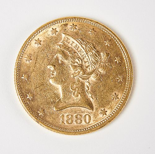 1880 Ten Dollar Gold Liberty Coin, VF, Raw 