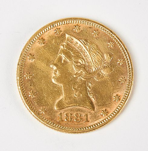 1881 Ten Dollar Gold Liberty Coin, AU, Raw 