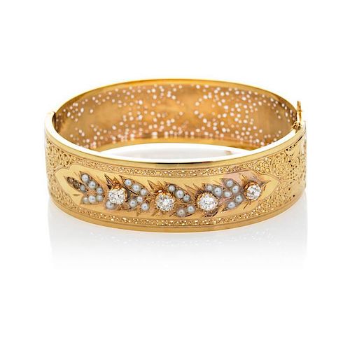FRENCH DIAMOND AND SEED PEARL GOLD HINGED BANGLE