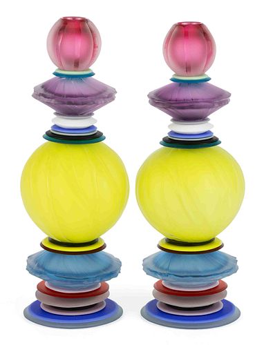 STEPHAN COX (AMERICAN, B. 1956) COMPLEX ACID-ETCHED STUDIO ART GLASS PAIR OF CANDLE HOLDERS