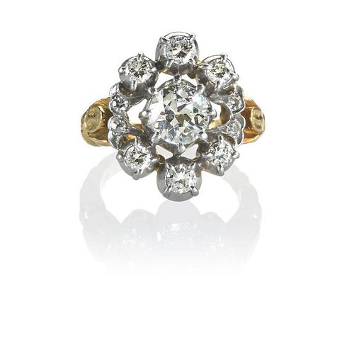 FRENCH DIAMOND PLATINUM AND 18K GOLD CLUSTER RING