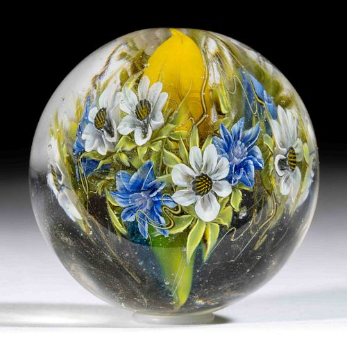ELENA HERNBURG (RUSSIAN, B. 1960) SOLID CORE AND FLORAL BAND MURRINE AND LAMPWORK STUDIO ART GLASS MARBLE