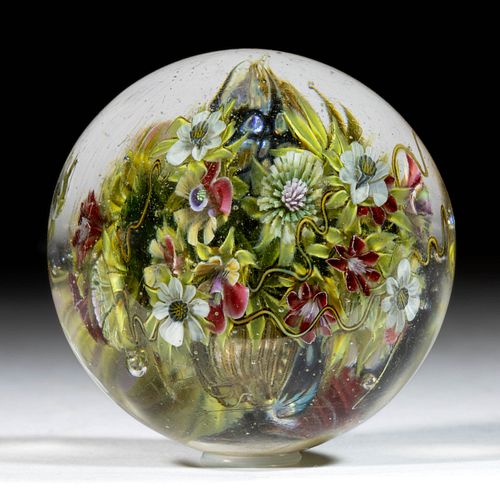 ELENA HERNBURG (RUSSIAN, B. 1960) HOLLOW STRIPED AND OPAL CORE WITH FLORAL MURRINE AND LAMPWORK STUDIO ART GLASS MARLBLE