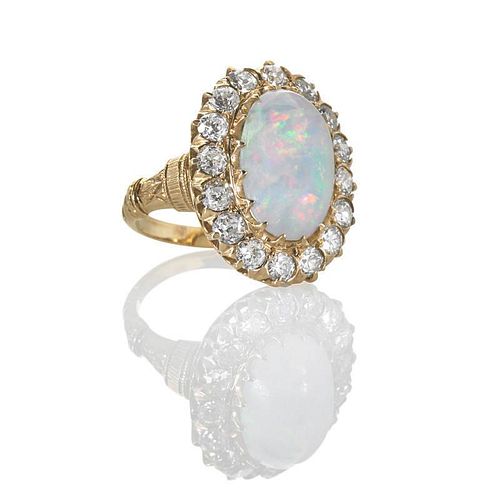 OPAL AND DIAMOND OVAL CLUSTER 14K GOLD RING