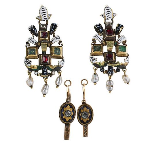 TWO PAIRS ANTIQUE 18K AND 14K GOLD EARRINGS