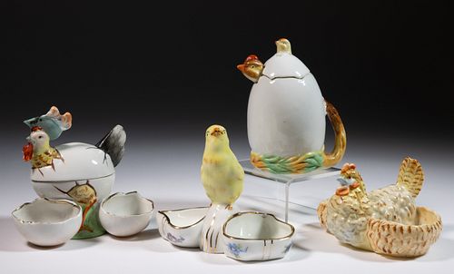 GERMAN PORCELAIN FIGURAL CHICKEN TABLE ARTICLES, LOT OF FOUR