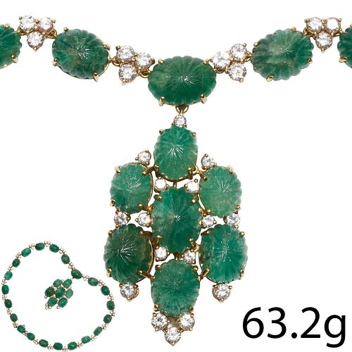 AN EMERALD AND DIAMOND NECKLACE WITH A DETACHABLE PENDANT