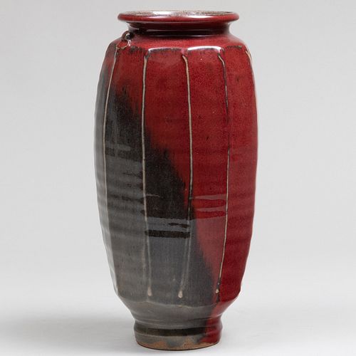 Japanese Copper Red Glazed Earthware Vase   