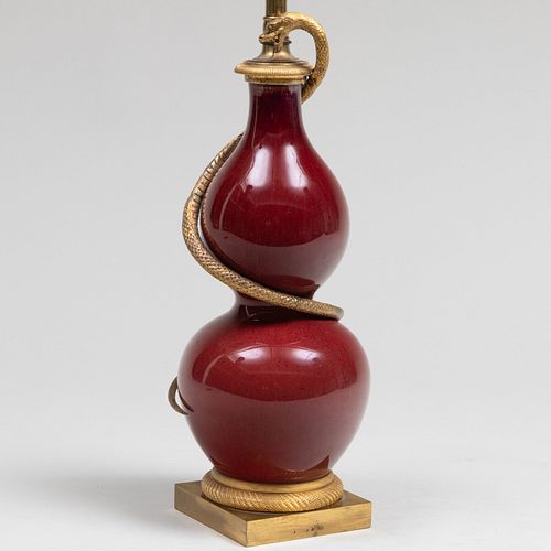 Chinese Copper Red Glazed Gilt Metal-Mounted Double Gourd Lamp           