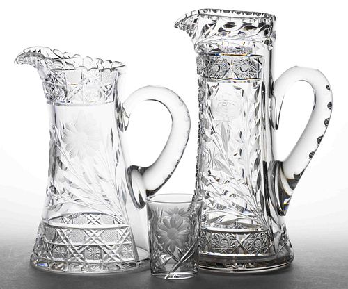 ASSORTED CUT AND ENGRAVED GLASS DRINKING ARTICLES, LOT OF THREE