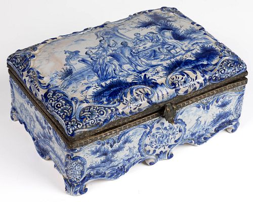 FRENCH FAIENCE BLUE AND WHITE TIN-GLAZED BOX
