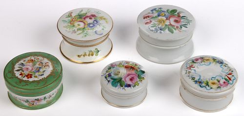 FRENCH OLD PARIS PORCELAIN OINTMENT JARS, LOT OF FIVE