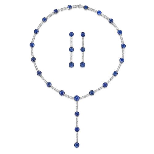 Sapphire and Diamond Necklace and Earrings Set