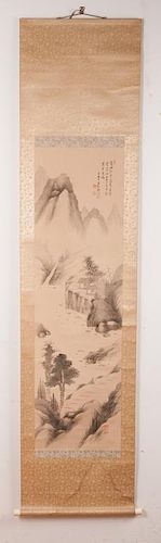 Asian Watercolor On Silk Scroll w/ Bone Ends