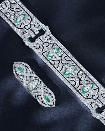 Fine Art Deco Diamond and Emerald Bracelet
