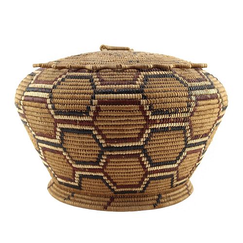 Thompson River Polychrome Lidded Basket with Geometric Design c. 1890-1900s, 10" x 14.5"