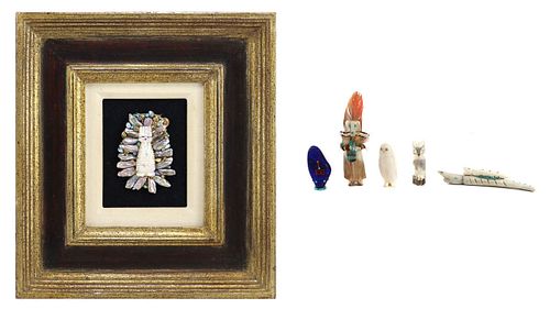 J. Carr - Framed Abalone Shell Fetish, Baroque Fresh Water Black Pearls and Group of 5 Zuni Stone Fetishes c. 1980-90s