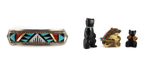 NO RESERVE - Zuni Multi-Stone Inlay and Silver Bracelet and Group of 3 Zuni Stone Animal Fetishes c. 1980s