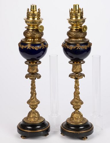 FRENCH NEOCLASSICAL STYLE GILT-BRASS AND ENAMEL PAIR OF PEG LAMPS