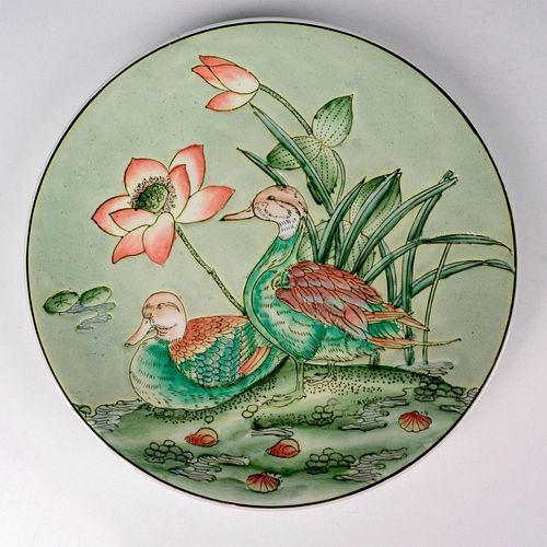 Chinese Porcelain Celadon Enamel Painted Duck Charger