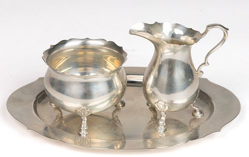 TIFFANY & CO. MID-CENTURY STERLING SILVER CREAMER AND OPEN SUGAR SET WITH TRAY