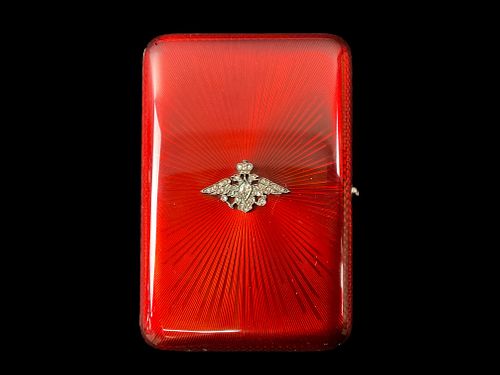 Stunning Silver-Gilt, Red Enamel and Diamond Faberge Cigarette Case