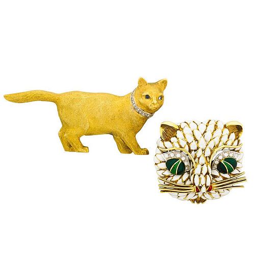 TWO YELLOW GOLD GEM-SET CAT BROOCHES