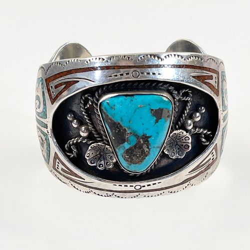Southwest Turquoise, Coral, Sterling Silver Bracelet