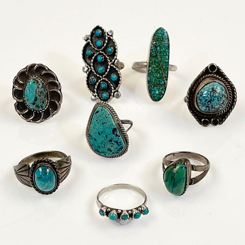 Collection of Eight Southwest Stone, Silver Rings