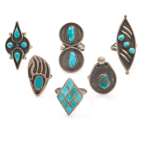 Collection of Six Turquoise, Sterling Silver Rings