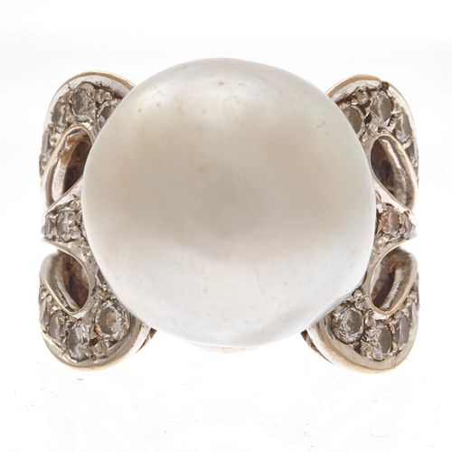 South Sea Cultured Pearl, Diamond, 14k White Gold Ring