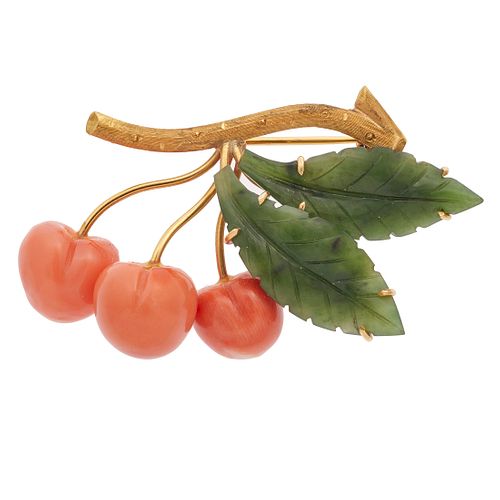 Coral, Nephrite, 18k Yellow Gold Cherries Brooch