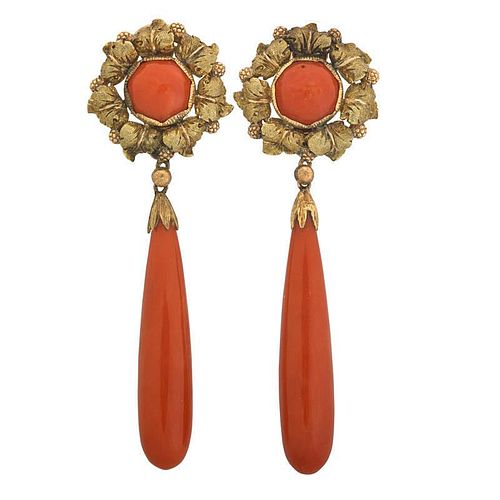 BUCCELLATI, ITALY 18K GOLD RED CORAL DROP EARRINGS
