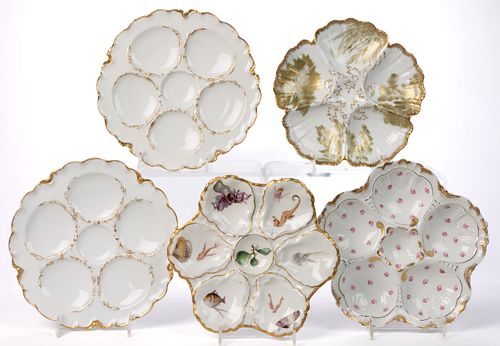 FRENCH PORCELAIN OYSTER PLATES, LOT OF FIVE