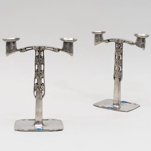 Pair of Archibald Knox for Liberty & Co. Tudric Enamel and Pewter Two-Light Candelabra 