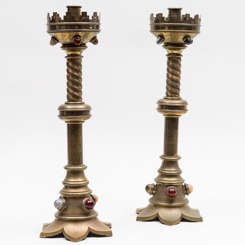 Pair of Late Victorian Brass Gothic Revival Candlesticks Inset with Cabochon Stones