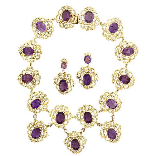 AMETHYST, DIAMOND 18K GOLD NECKLACE AND EARRINGS