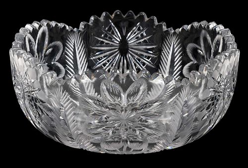 Lobed Cut Glass Bowl with Floral and Feather Motif