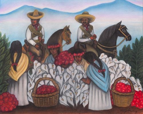 Diego Rivera "Mercado de Flores" Pastel Drawing