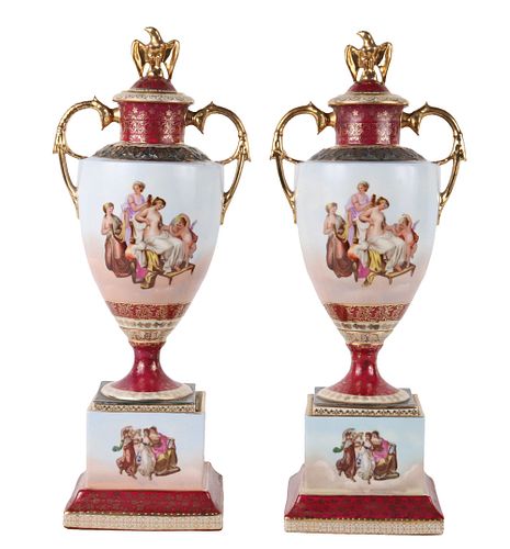 Pair of Royal Vienna Porcelain Covered Urns