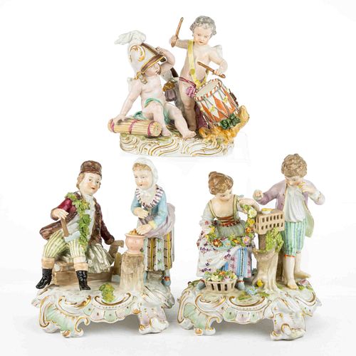 EUROPEAN HAND-PAINTED PORCELAIN FIGURAL GROUPS, LOT OF THREE