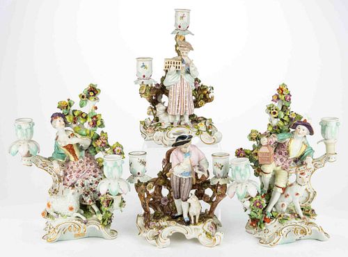 EUROPEAN HAND-PAINTED PORCELAIN FIGURAL CANDELABRA PAIRS, LOT OF TWO