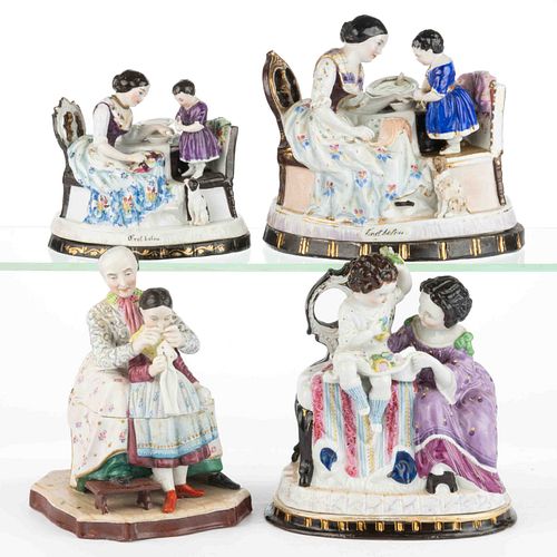 CONTINENTAL HAND-PAINTED PORCELAIN FIGURAL COVERED INKSTANDS, LOT OF FOUR