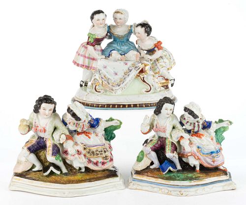 CONTINENTAL HAND-PAINTED PORCELAIN FIGURAL GROUP COVERED INKSTANDS, LOT OF THREE